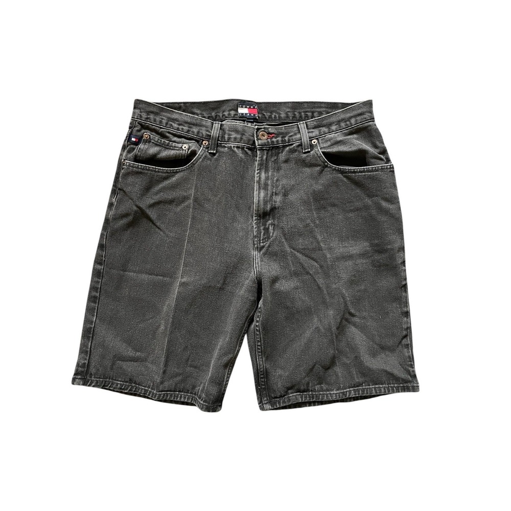 Vintage Tommy Hilfiger Shorts Mens 38‎ Black Denim Flag Jorts 90s Baggy Skate